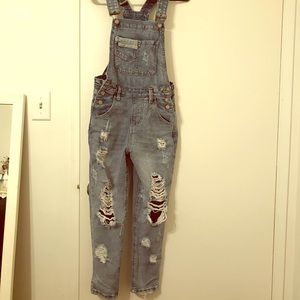 Light wash distress overalls